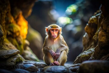 Obraz premium Miniature Macaque on Cave Rock: Tilt-Shift Wildlife Photography