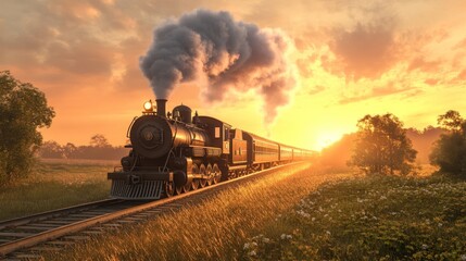 Obraz premium Vintage steam train traveling through a field at sunset.