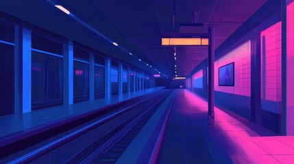 A futuristic underground station illuminated by vibrant neon lighting
