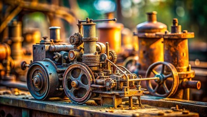 Fototapeta premium Miniature Old Engine, Rusty Industrial Machinery, Tilt-Shift Photography, Vintage Motor, Steam Engine