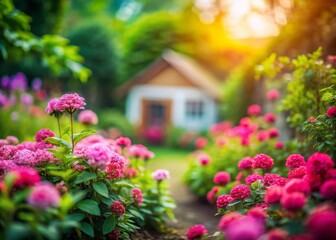 Miniature Pink Flower Home Garden Background, Tilt-Shift Photography, Blooming Flowers, Leaves, Spring