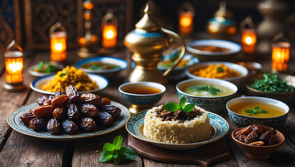 Luxurious Iftar Feast with Dates, Traditional Middle Eastern Cuisine, and Lanterns for Ramadan
