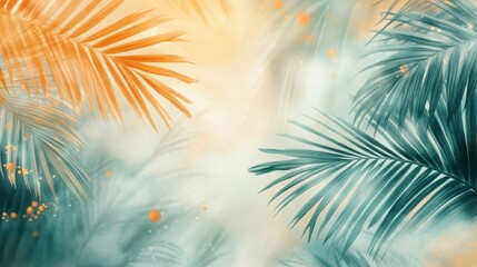 A summer wallpaper featuring golden sunlight through palm leaves blending tropical blues with warm orange highlights and glowing particles