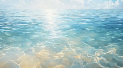Naklejka premium A painterly summer wallpaper with shimmering reflections on a clear ocean soft pastel blues blending with warm golden tones in a sunlit atmosphere