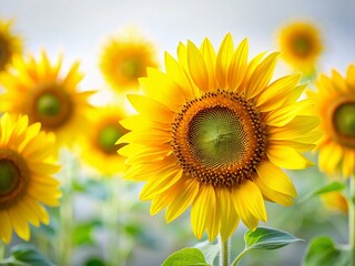 Obraz premium Miniature Sunflowers Isolated: Tilt-Shift Photo of Blooming Sunflowers with Leaves on White Background