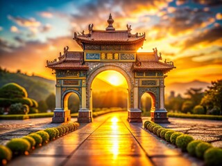 Obraz premium Miniature Sun Gateway: Whimsical Tilt-Shift Landscape