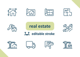 Real estate icons. House, buildings, home vector icon set