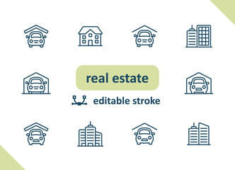 Real estate icons. House, buildings, home vector icon set