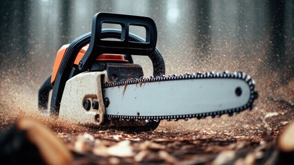A close-up of a chainsaw cutting through wood, with sawdust flying in the air. The image captures the power and precision of the tool, making it relevant for forestry or woodworking themes