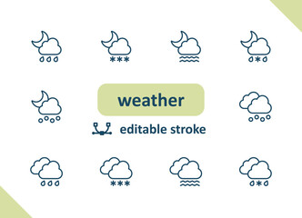 Obraz premium Weather icons. Weather forecast, meteorology, clouds, rain, sunny, wind vector icon set