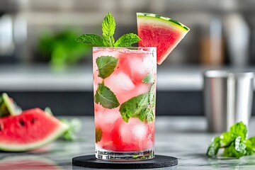 A tall glass filled with a refreshing watermelon mojito cocktail. The drink is made with chunks of watermelon, mint leaves, and ice cubes, giving it a vibrant pink color