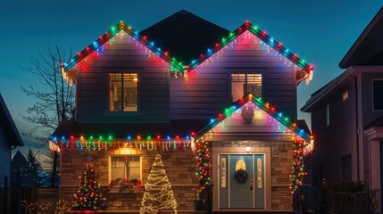Fototapeta premium Christmas Lights: Vibrant lights in red, green, blue, and white, decorating homes and trees, casting a festive glow that enhances the holiday spirit. 