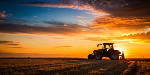 Fototapeta premium Minimalist Agricultural Tractor on Field at Sunset - Stock Photo