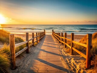 Obraz premium Minimalist Beach Entrance: Wooden Fence, Path to Empty Shore, Ocean Horizon