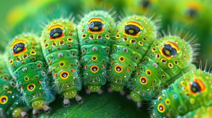 Caterpillars: Bright green or yellow larvae with colorful stripes or spots, these creatures are the early stage of butterflies and moths, bringing vibrant color to nature.
