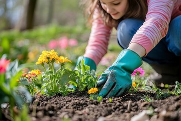 Child Gardening with Gloves Plants Flowers Soil in Garden