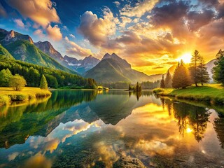 Obraz premium Serene landscapes: breathtaking mountains, picturesque views, calm waters, peaceful atmosphere, stunning sunrises.