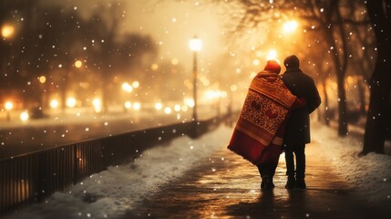 Cozy Winter Evening: A Couple Wrapped in a Blanket Enjoying a Snowy Valentine's Night in a Beautifully Lit City Park