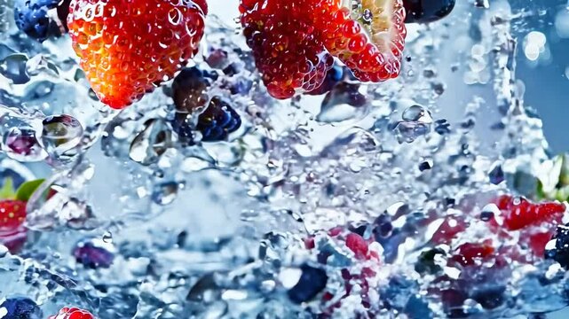 Fresh mixed berries splashing into clear water with droplets in motion, vibrant summer fruit background
