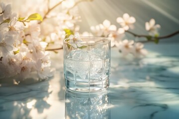 Elegant Cocktail Glass with Ice Cubes and Cherry Blossom on Marble Surface in Bright Sunlight