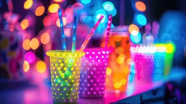 Neon Party Favors: Neon pink, green, and yellow glow-in-the-dark accessories, creating a lively and festive mood at your party while illuminating the night.

