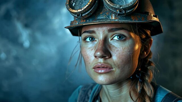 a girl in a work uniform with a helmet and a flashlight at a coal mine