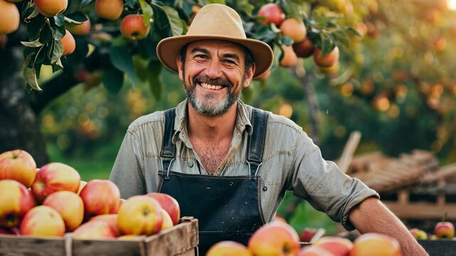a happy farmer harvests a good harvest of apples in the garden