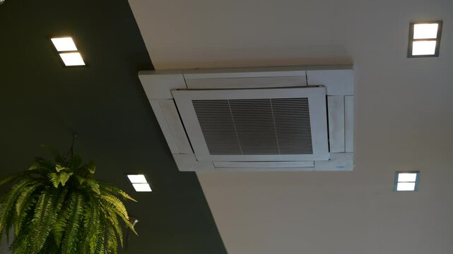 Ceiling mounted air conditioning unit with recessed lighting and hanging plant in cozy contemporary interior design.