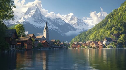 Serene Swiss village by a lake, with a backdrop of snowy mountain peaks