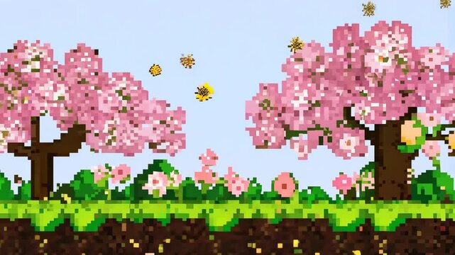 Pixel art cherry blossom trees with bees flying in spring landscape, retro game style nature scene