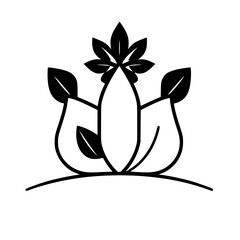 An artistic black and white botanical logo featuring an abstracted floral design with multiple leaves and a central, elongated form.
