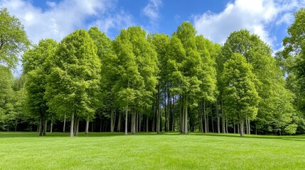 Tranquil Summer Meadow with Lush Green Trees and Blue Sky