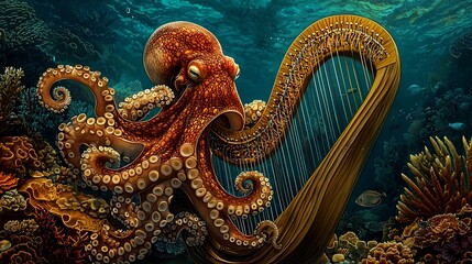Fototapeta premium Octopus Plays Harp Underwater Reef