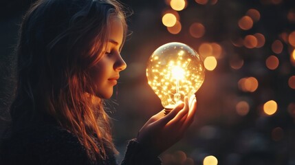 Naklejka premium Girl holds glowing light bulb surrounded by warm bokeh lights at dusk in serene outdoor setting. Generative AI