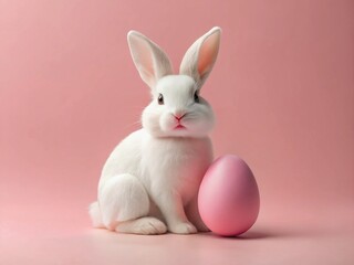 Fototapeta premium Minimalist Easter Bunny with Pink Egg - Pastel Pink Background
