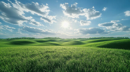 Fototapeta premium Vast green hills under a sunny sky, perfect for spring or summer promotions, outdoor events, nature-related advertising, or tranquil landscapes for relaxation-themed projects.