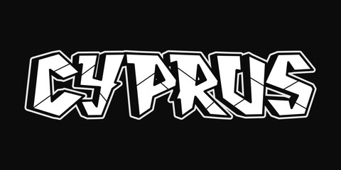 Stylized white graffiti illustration of the word Cyprus with a bold and edgy design on black.