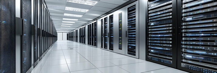 Tech guru working in a futuristic data center with servers and cloud computing  -