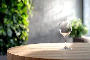 Elegant Glass of Water on Minimalist Wooden Table with Natural Decor