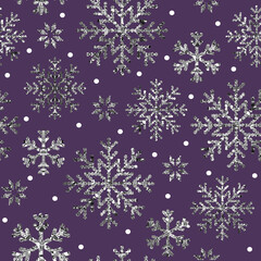 Silver snowflakes on deep purple winter seamless pattern, Christmas time textured snowflakes on dark background