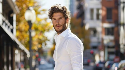 Fototapeta premium White Shirt: A wardrobe staple, this crisp white shirt provides a clean, fresh look, easily dressed up or down for any occasion, from work to weekends. 