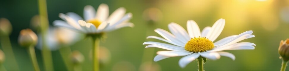 Fototapeta premium Close-up of wild daisies, soft focus background, delicate petals , closeup, countryside