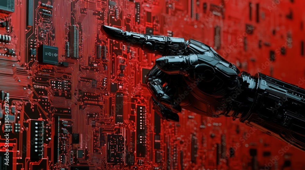 Poster artificial intelligence hand interacting with a complex red computer circuit board depicting technol