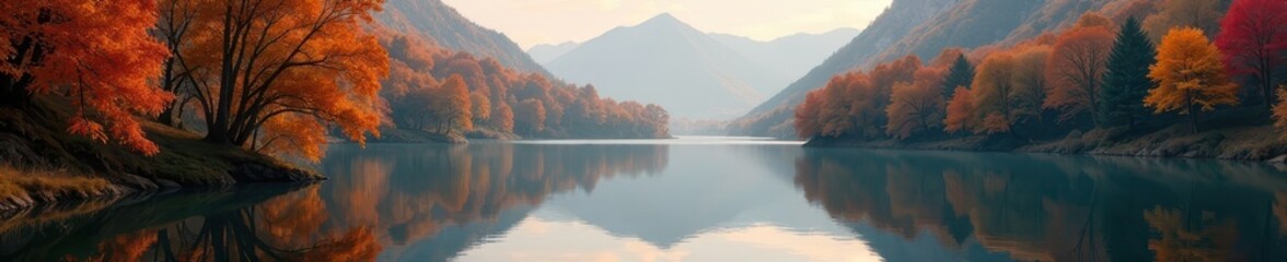 Crisp autumn air, vivid reflections on glassy lake surface , beautiful, birch
