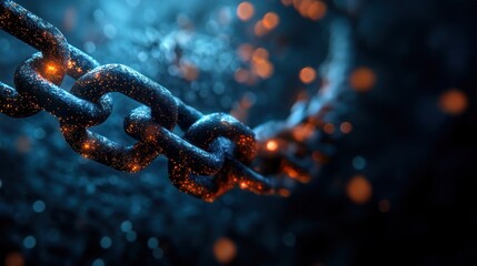 Iron chain with glowing data points on a digital backdrop depicts AI enabled blockchain, emphasizing crypto security