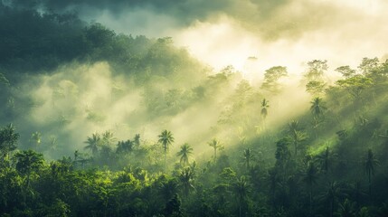 Obraz premium Misty sunrise over lush tropical rainforest.