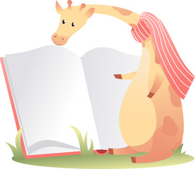 Giraffe Reading Book On Grass