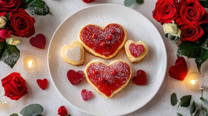 Delightful Valentine Breakfast Scene Featuring Heart-Shaped Pancakes with Fresh Flowers and Romantic Accents