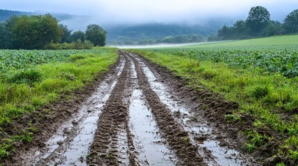 Muddy country road through green fields on a foggy morning.