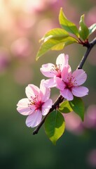 Naklejka premium Delicate pink blossoms on a tree, soft light, vibrant green leaves, bright, sakura